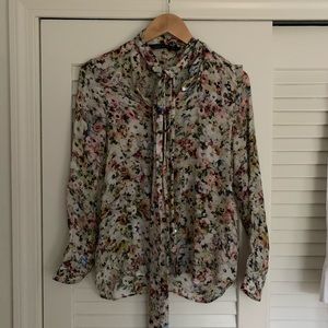 Zara blouse neck tie floral 100% mulberry silk